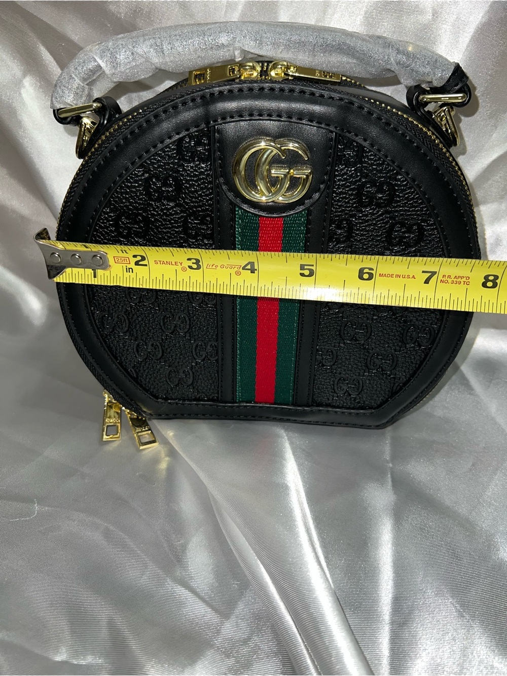 Inspired Black GG Embossed Round Crossbody with Green-Red Stripe - Picture 5 of 6